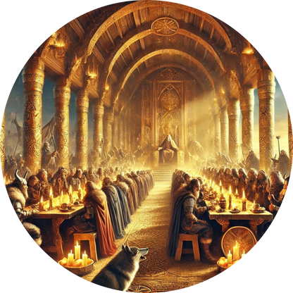 Der große Saal von Valhalla – gefallene Krieger sitzen an langen Tafeln im prachtvoll beleuchteten Jenseits der nordischen Mythologie.“