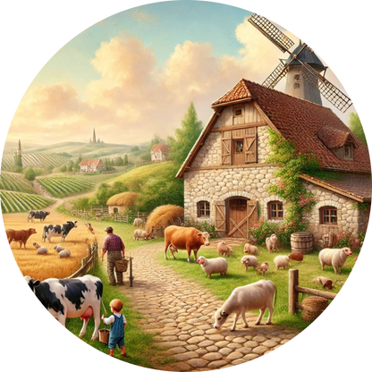 Schafherde und Hühner rund um ein gemütliches Bauernhaus
