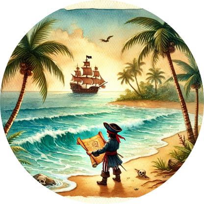 Pirat mit Schatzkarte steht am tropischen Strand. In der Ferne schwimmt ein Piratenschiff.