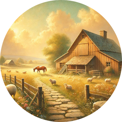 Bauernhof mit Scheune im Abendlicht und Tieren auf dem Weg