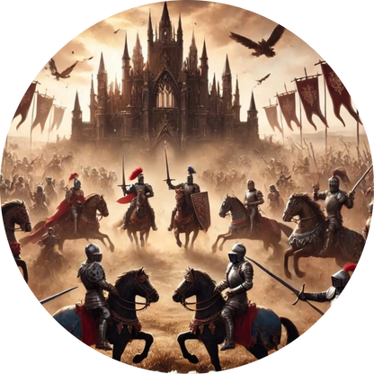 Episches Schlachtfeld mit Reitern, erhobenen Waffen und dramatischem Himmel im Hintergrund.