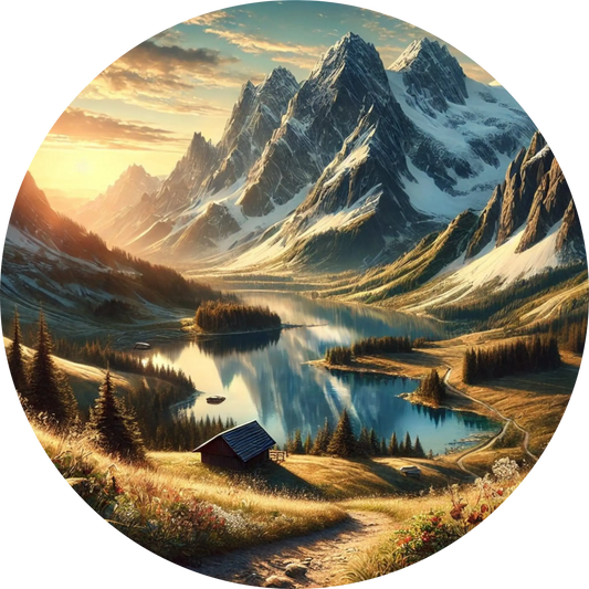 Majestätische Berglandschaft mit schneebedeckten Gipfeln, einem ruhigen See und einer kleinen Holzhütte am Ufer bei Sonnenaufgang.