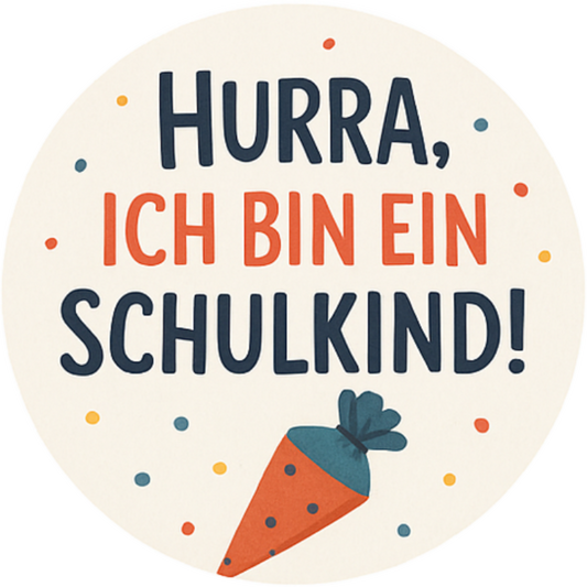 Text: „Hurra, ich bin ein Schulkind!“ mit Schultüte und Konfetti