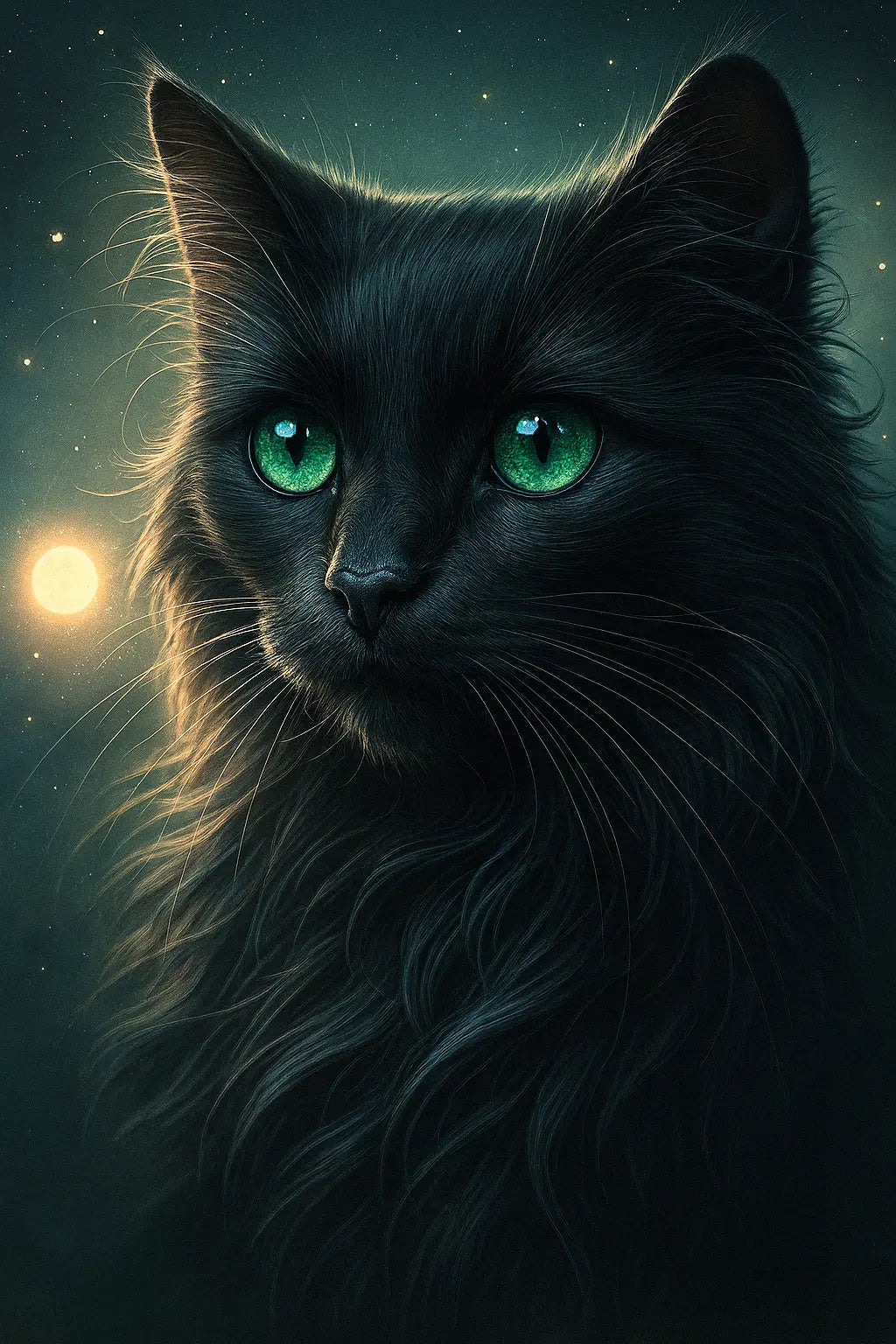 Schwarze Katze mit grünen Augen im Gegenlicht
