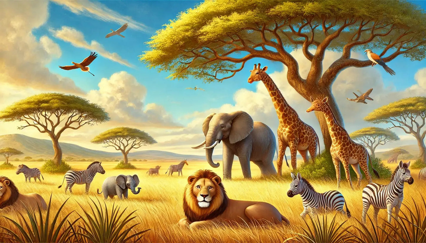  Savannenlandschaft mit Elefanten, Giraffen, Löwen, Zebras und Vögeln