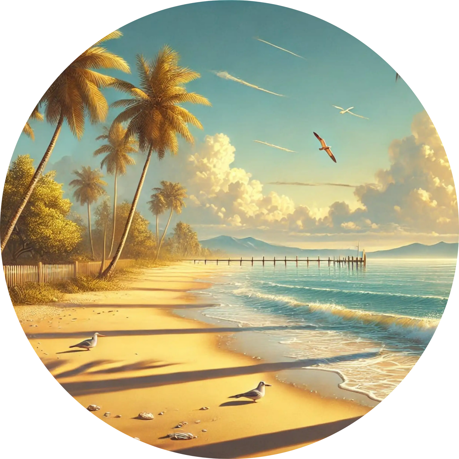 Klares Sommerbild mit Palmenstrand, langem Steg und Möwen am blauen Himmel.