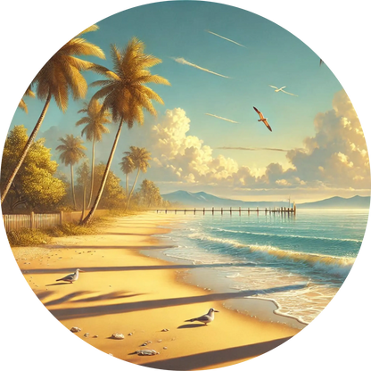 Sommerlicher Sandstrand mit Palmen, ruhigem Meer und einem langen Steg bei strahlend blauem Himmel.
