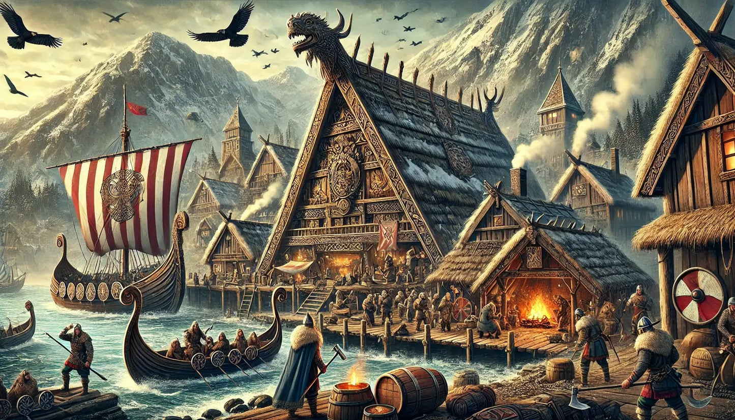 Mystische Stadt in den Bergen bei Nacht – Eine fantastisch beleuchtete Stadt mit Wasserfällen und schwebenden Inseln, eingebettet in ein dramatisches Gebirge.