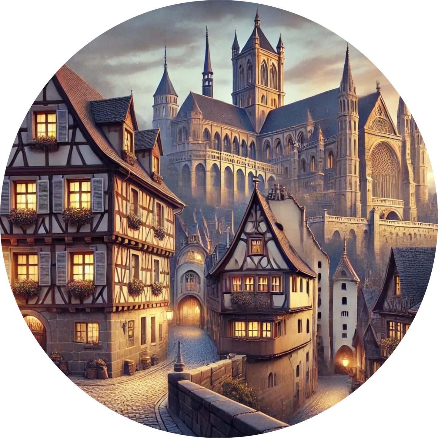 Mittelalterliches Stadtbild mit Fachwerkhäusern und Burg im Hintergrund