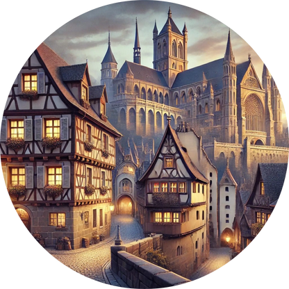 Mittelalterliches Stadtbild mit Fachwerkhäusern und Burg im Hintergrund