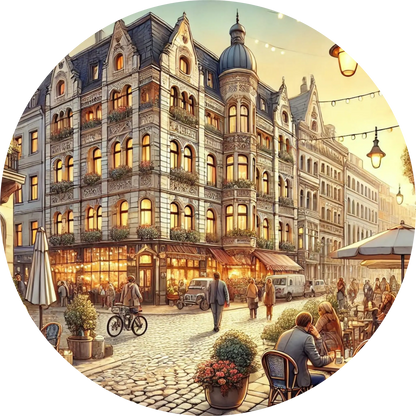Historischer Marktplatz mit stilvollen Altbauten bei Sonnenuntergang