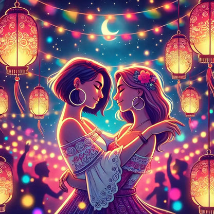 Tanzendes queeres Paar mit Laternen im Hintergrund, farbenfrohe Darstellung von queerer Liebe bei Nachtfest.