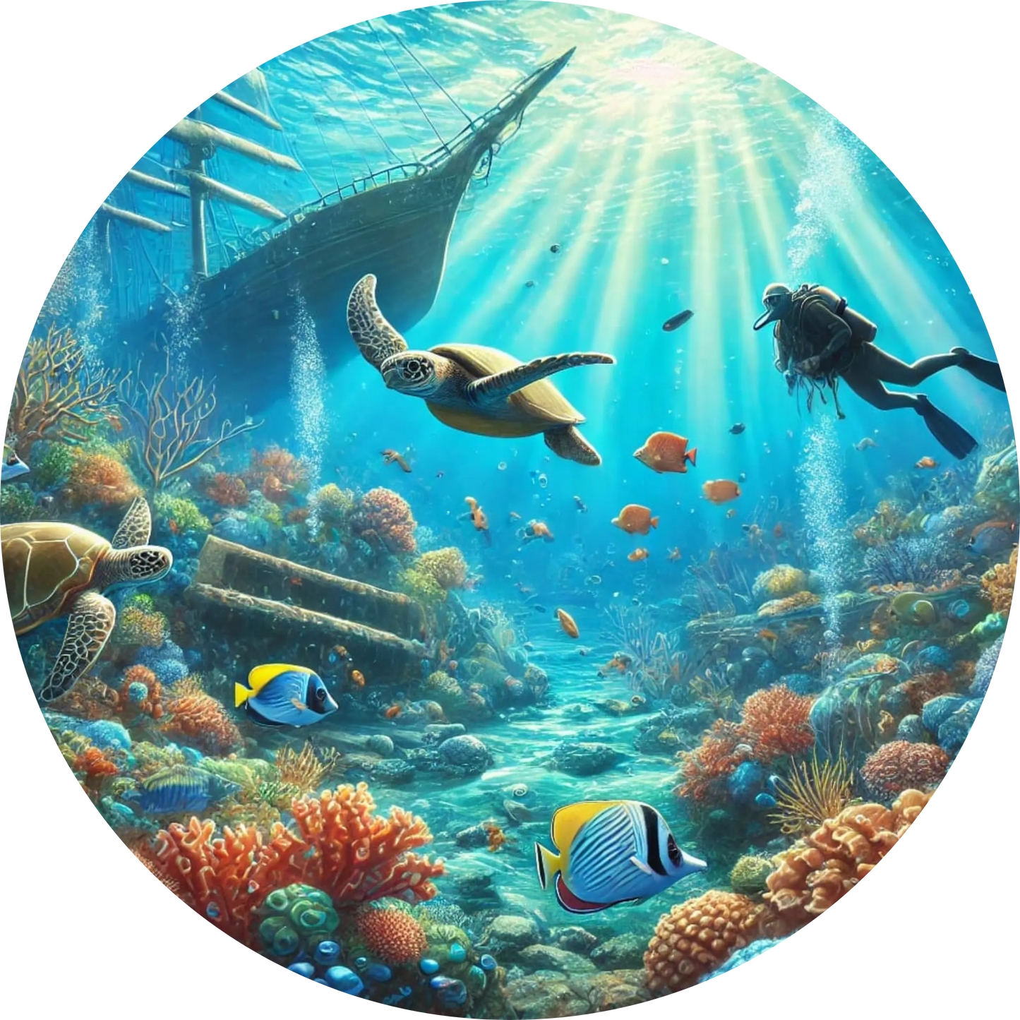 Unterwasserszene mit Taucherinnen, Korallen, bunten Fischen und Lichtstrahlen, die durchs Wasser fallen.