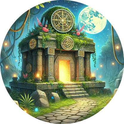 Fantasy-Tempel mit verwunschenem Garten und Moos überwucherten Säulen