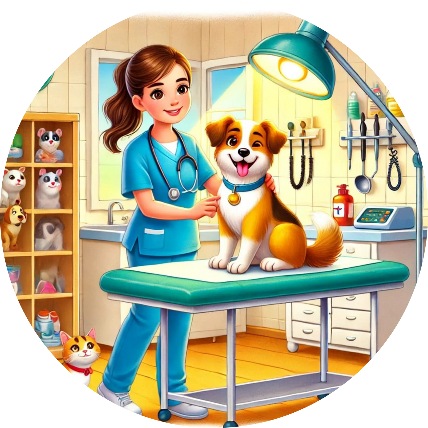 Eine Tierärztin behandelt einen Hund – im hellen Behandlungszimmer mit Tierposter und Utensilien im Hintergrund.