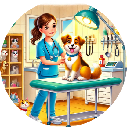 Eine Tierärztin behandelt einen Hund – im hellen Behandlungszimmer mit Tierposter und Utensilien im Hintergrund.