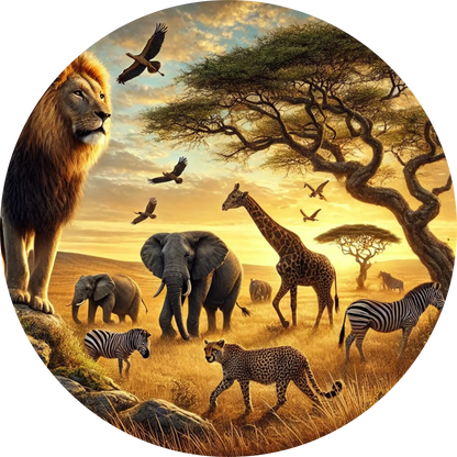 Savannenszene mit Elefanten, Löwen, Zebras und Giraffen unter einem goldenen Himmel bei Sonnenaufgang.