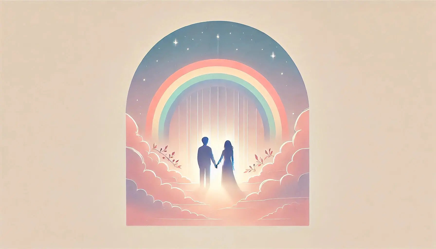 Zwei Personen unter einem Regenbogen-Torbogen in zarten Pastellfarben, Symbol für gemeinsame Wege und queere Liebe.