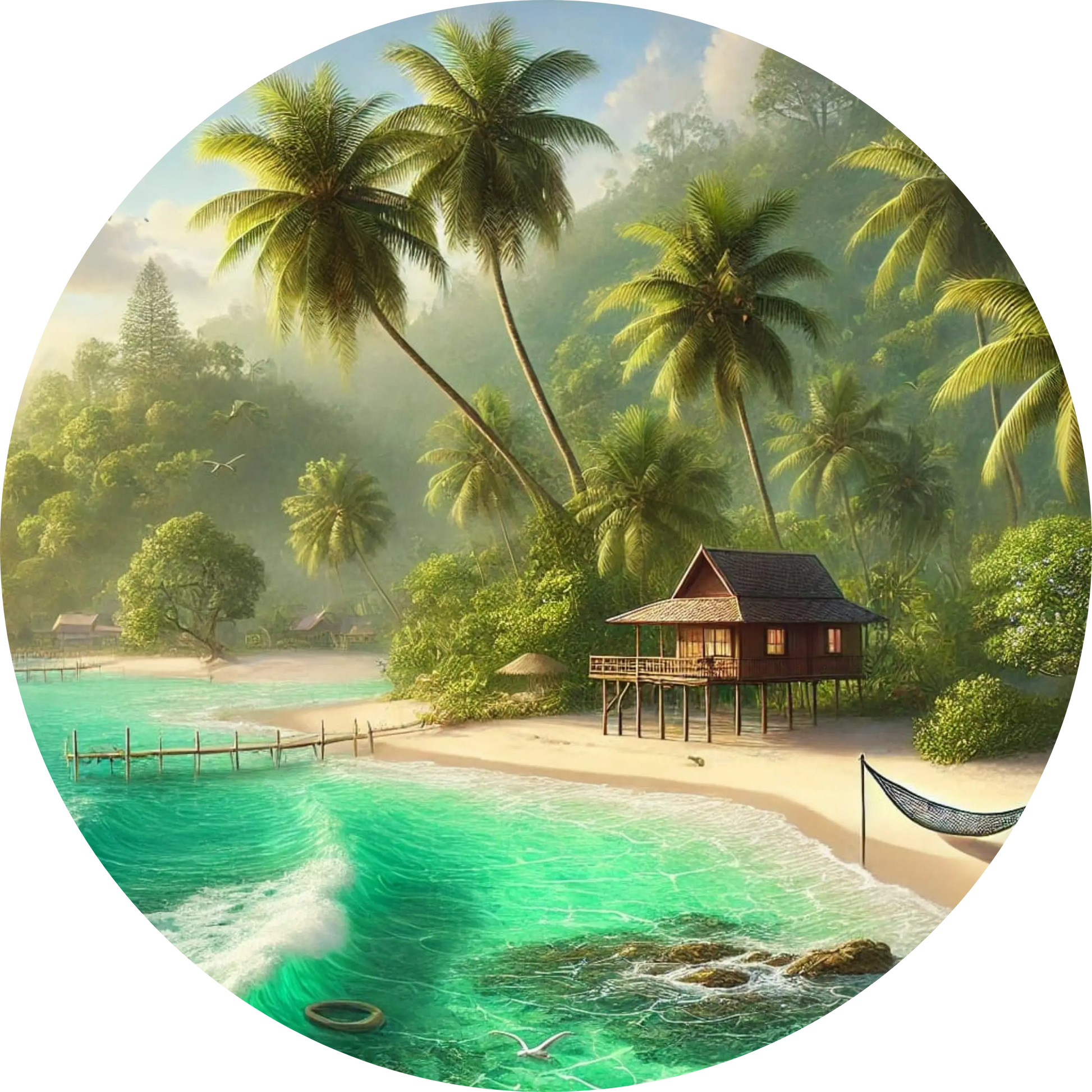 Tropischer Strand mit Palmen, türkisfarbenem Wasser und einer Hütte am Ufer unter klarem Himmel.