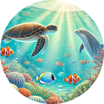 Bunte Unterwasserwelt mit tropischen Fischen und Korallen in kräftigen Farben.