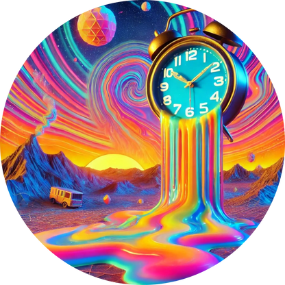 Uhr in surrealer, psychedelischer Farbwelt mit flüssiger Zeitdarstellung