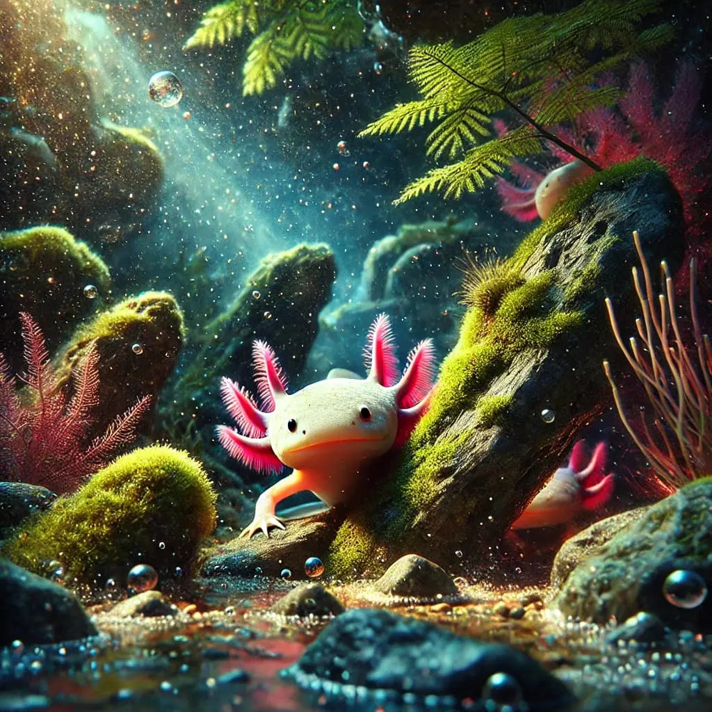 Axolotl im dunklen Wasser mit leuchtenden Details und Jellyfish