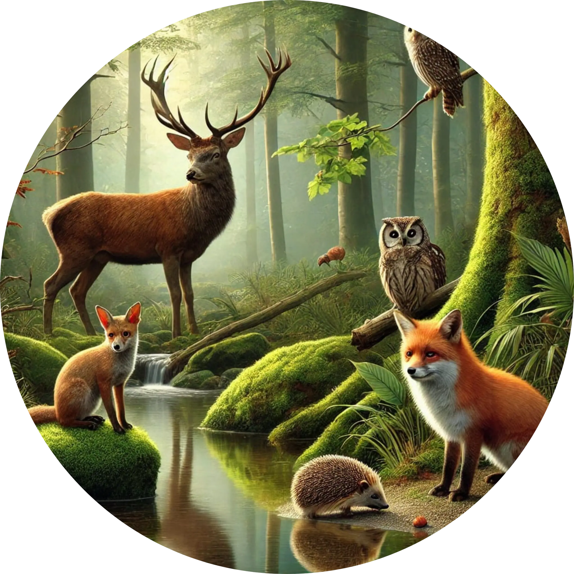 Waldszene mit Hirsch, Fuchs, Eule, Igel und Eichhörnchen an einem kleinen Tümpel im Morgenlicht.