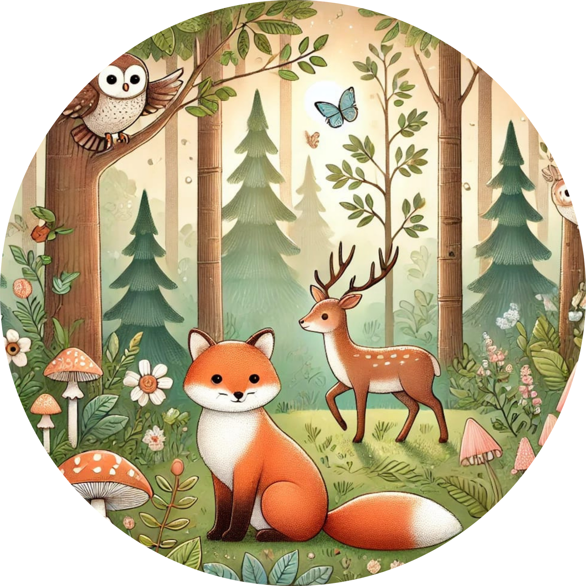 Waldszene mit Fuchs und Reh auf einer Lichtung
