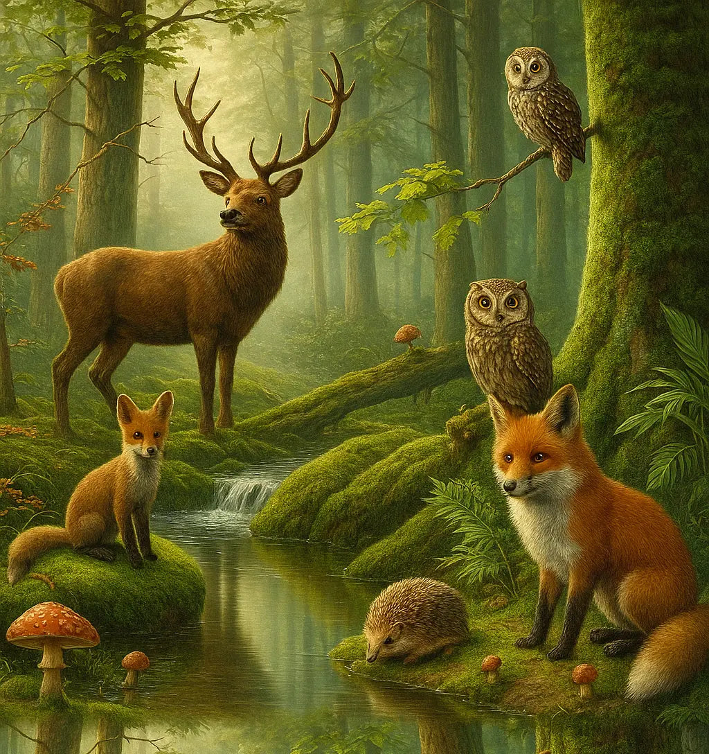 Ein Hirsch, Füchse, Eulen und Igel im Wald zwischen Bäumen und Nebel