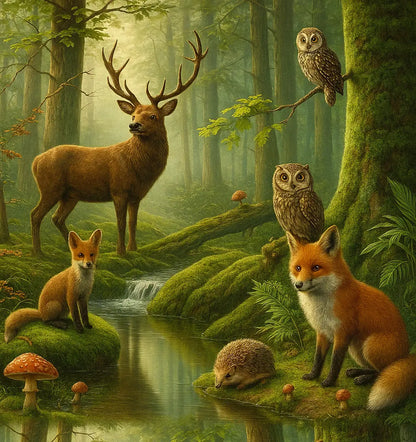 Ein Hirsch, Füchse, Eulen und Igel im Wald zwischen Bäumen und Nebel