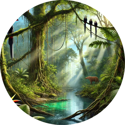 Verwunschene Waldlandschaft mit Hängebrücke, Wasserlauf und dichter Vegetation im sanften Licht.