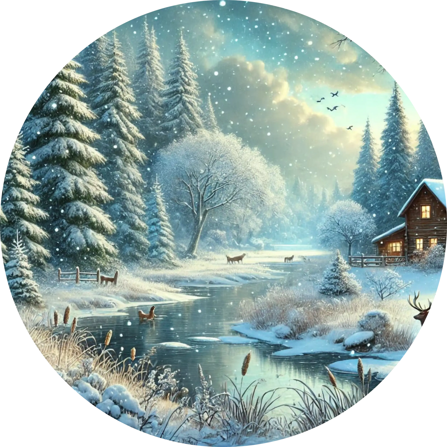 Verschneite Winterlandschaft mit Fluss, Bäumen, Hütte und Tieren im weichen Licht.