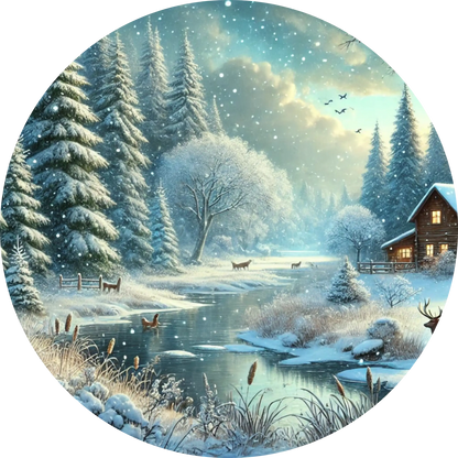 Verschneite Winterlandschaft mit Fluss, Bäumen, Hütte und Tieren im weichen Licht.