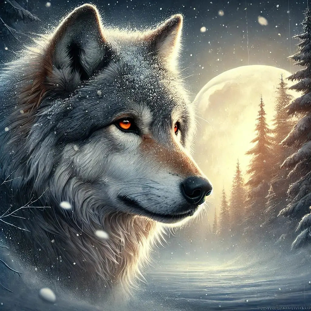 Wolf in winterlicher Waldlandschaft bei Vollmond