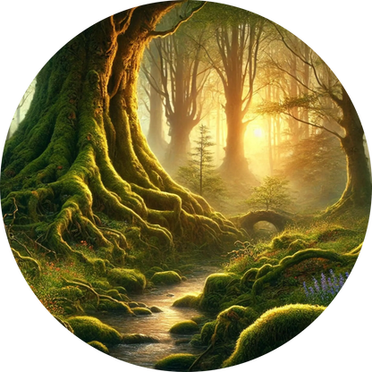 Verwunschener Wald mit moosbedeckten Wurzeln, goldenen Sonnenstrahlen und dichtem Laub.