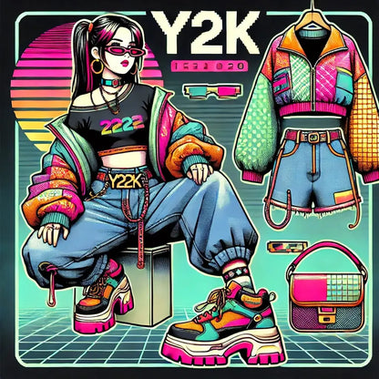 Streetstyle-Mädchen mit Y2K-Schriftzug – Girl in urbaner Kleidung mit Retro-Grafikelementen und „Y2K“-Spruch.