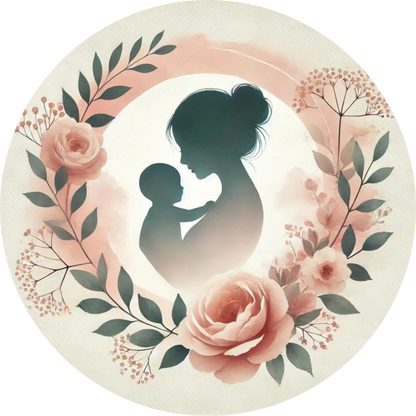Silhouette einer Mutter mit Baby, umrahmt von Rosen und zartem Grün.