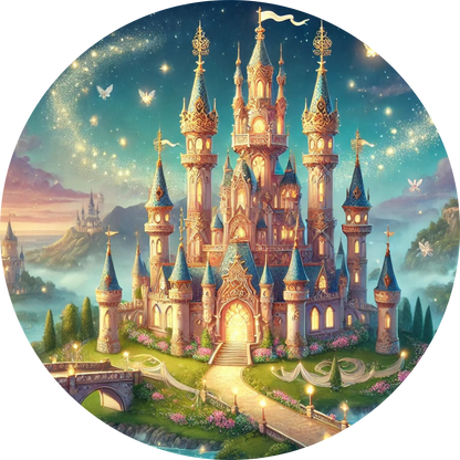 
Märchenschloss bei Nacht mit funkelnden Sternen und magischem Himmel

