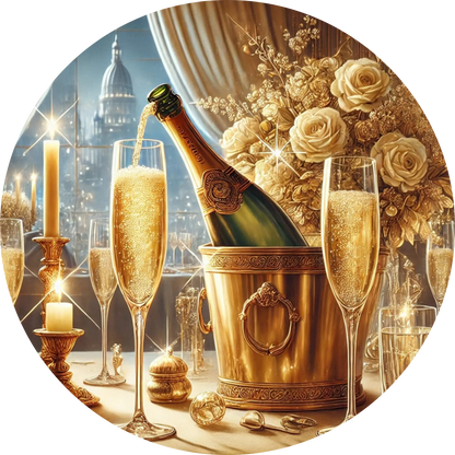 Sekt und Cocktails bei goldenem Licht, Champagnerflaschen im Hintergrund