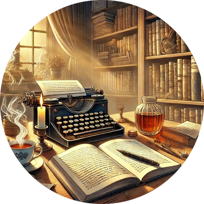 Schreibmaschine, Bücher und Kerze auf nostalgischem Tisch
Gemütliche Vintage-Szene mit Schreibmaschine, Notizbuch, Teetasse und Kerzenschein – perfekt für Schreibfans.
