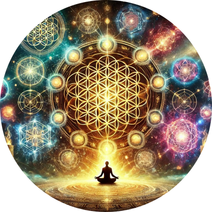 Meditierender Mensch im Zentrum von Geometrie & Farben
Spirituelles Meditationsmotiv mit Mandala-Struktur und leuchtenden Farben – für Balance & Achtsamkeit.