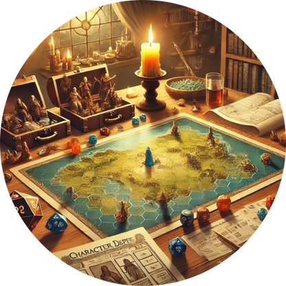 Ein detailreiches Fantasy-Brettspiel mit Spielfiguren, Würfeln und einer Kerze – perfekt für Rollenspiel-, Brettspiel- und Fantasy-Fans.