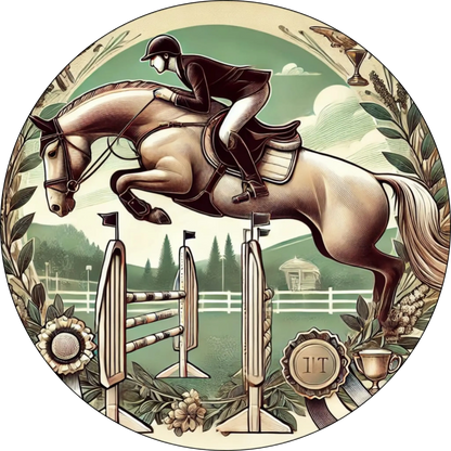 Ein Reiter in voller Bewegung beim Springreiten über ein Hindernis – dynamisches Bild für Reitturniere, Pferdesport & Wettbewerbsmotive.