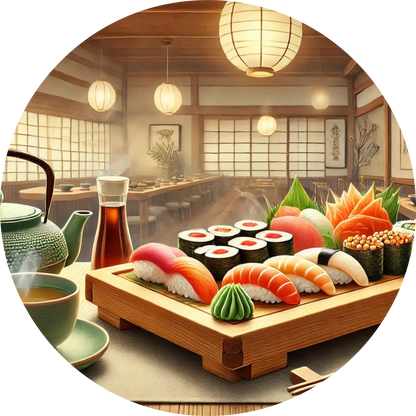 Japanisches Sushi-Set mit verschiedenen Rollen auf traditionellem Geschirr