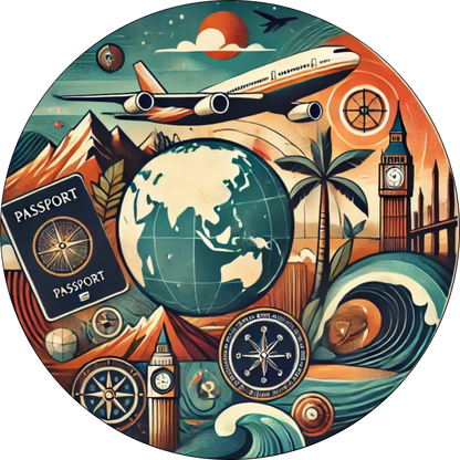 Verspielte Collage aus Weltkarte, Koffer, Kompass und Kamera – ideales Design für Weltenbummler, Reise-Enthusiasten und Globetrotter.