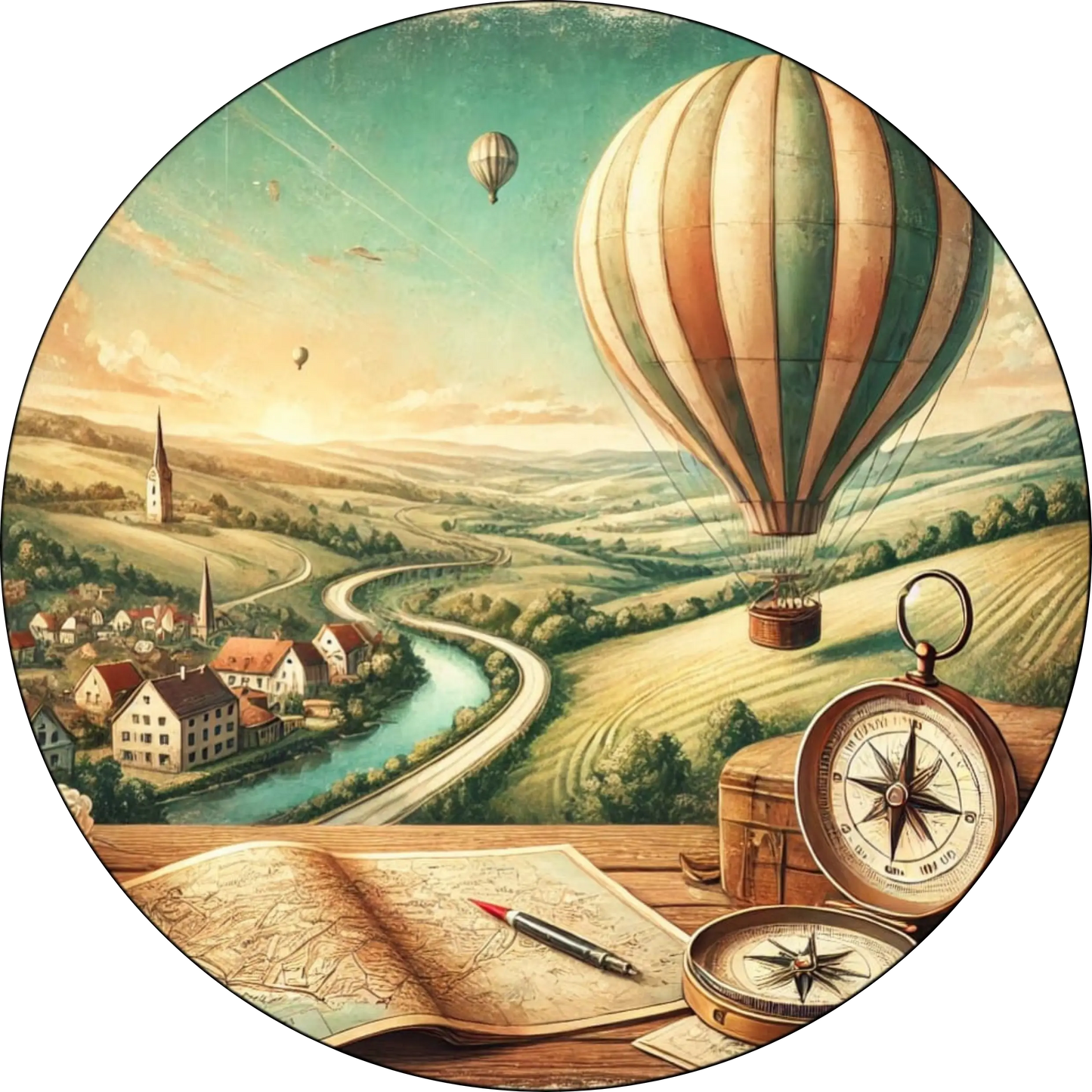 Bunte Heißluftballons schweben über eine idyllische Hügellandschaft – ein verträumtes Bild für Reisefans, Entdecker und Naturfreunde.