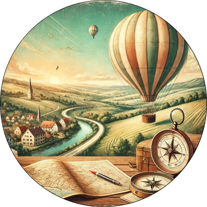 Bunte Heißluftballons schweben über eine idyllische Hügellandschaft – ein verträumtes Bild für Reisefans, Entdecker und Naturfreunde.