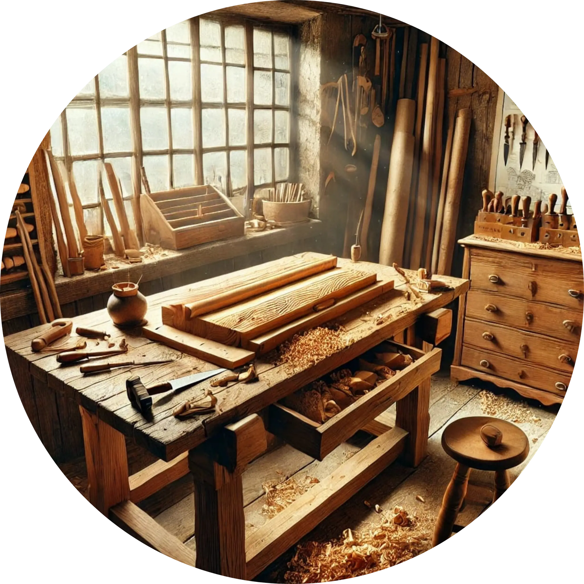 Helles Holzatelier mit Werkbank, Hobel, Lineal und Holzskulpturen in Bearbeitung – perfekt für Hobby-Schreiner*innen und DIY-Projekte mit traditioneller Holzarbeit.