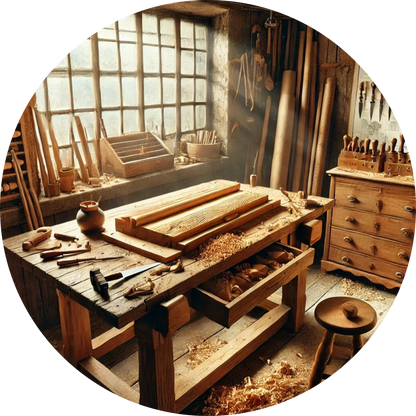 Helles Holzatelier mit Werkbank, Hobel, Lineal und Holzskulpturen in Bearbeitung – perfekt für Hobby-Schreiner*innen und DIY-Projekte mit traditioneller Holzarbeit.